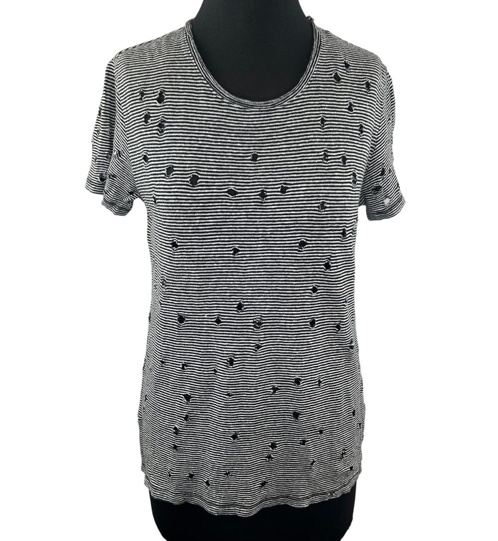 IRO Black White Striped Distressed Short Sleeve Round Neck Gabry Linen Top Sz S